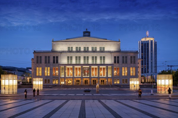 Opera, Winter Garden Tower, Augustusplatz, evening mood, blue hour, Leipzig, Saxony, Germany, Europe