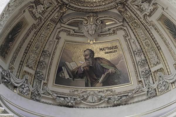 Interior view of Berlin Cathedral, Berlin, Germany, Europe, mosaic of St Matthew the Evangelist, surrounded by ornate decorations in a historic building, Europe