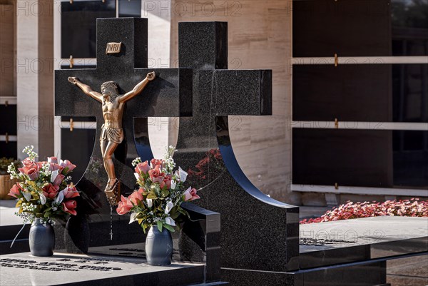 Large cemetery with tombs and religious symbols in Chiclana, Andalusia, Spain, Europe