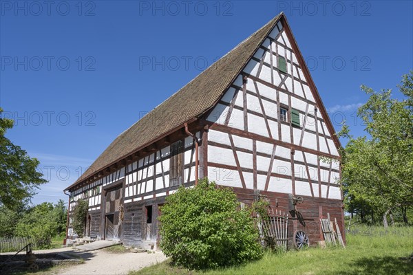 Traditionally built, old farmhouse, half-timbered house, called Baerbele-Haus, built around 1750, original location: Schoemberg, open-air museum Neuhausen ob Eck, district of Tuttlingen, Baden-Wuerttemberg, Germany, Europe