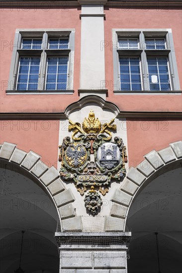 Coat of arms on the old theatre in the historic old town of Ravensburg, on the left the imperial eagle, on the right the coat of arms of the town of Ravensburg, district of Ravensburg, Baden-Wuerttemberg, Germany, Europe