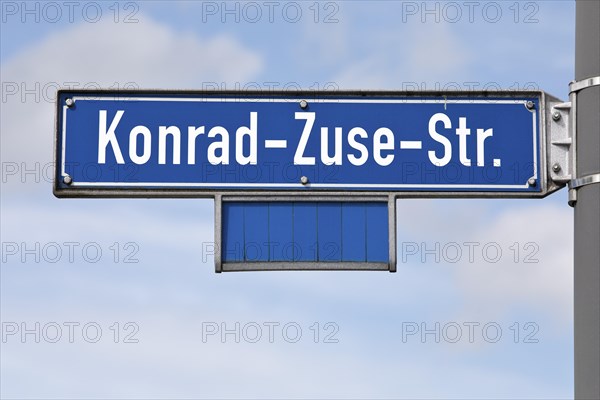 Street sign Konrad-Zuse-Strasse, Phoenix-West, Hoerde, Dortmund, Ruhr area, North Rhine-Westphalia, Germany, Europe