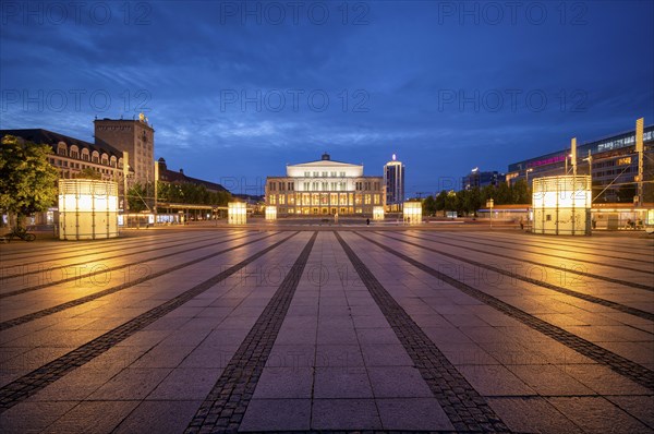 Opera, Winter Garden Tower, Krochhochhaus, Augustusplatz, evening mood, blue hour, Leipzig, Saxony, Germany, Europe