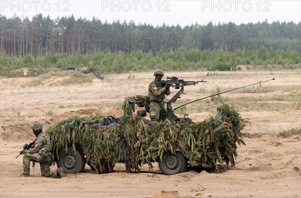 Dutch soldiers on a camouflaged Mercedes G280 CDI during the NATO Steadfast Defender large-scale manoeuvre in Pabrade, 29.05.2024