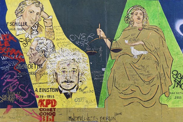 Wall art with portraits of famous personalities such as Goethe, Schiller and Einstein, murals, East Side Gallery, Mauergalerie, Berlin, Germany, Europe