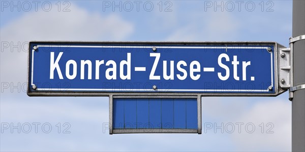 Street sign Konrad-Zuse-Strasse, Phoenix-West, Hoerde, Dortmund, Ruhr area, North Rhine-Westphalia, Germany, Europe