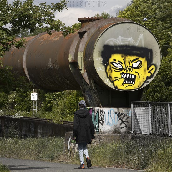 Phoenix-Park at the Phoenix-West blast furnace, path to the Hympendahl slag heap with graffiti, Hoerde, Dortmund, Ruhr area, North Rhine-Westphalia, Germany, Europe