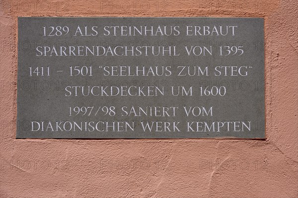 Information board at the Muehlberg ensemble is a heritage-protected group of late medieval houses, Kempten, Allgaeu, Bavaria, Germany, Europe