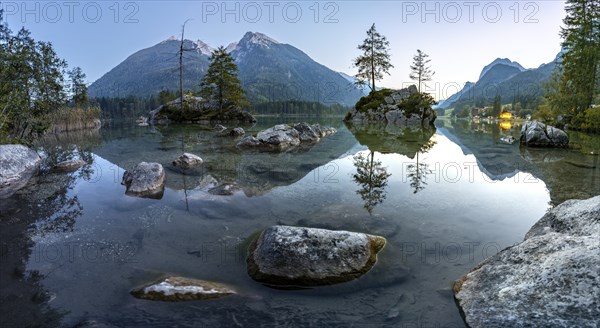 Hochkalter reflected in Hintersee, at sunset, Berchtesgaden National Park, Ramsau, Upper Bavaria, Bavaria, Germany, Europe