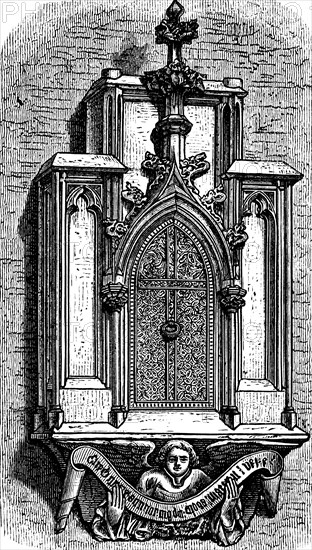 Sacrament house or sacrament house, church Maria von Siege in Vienna, interior design, church wall, woodwork, angel with motto, ornamentation, Austria, historical illustration 1880, Europe