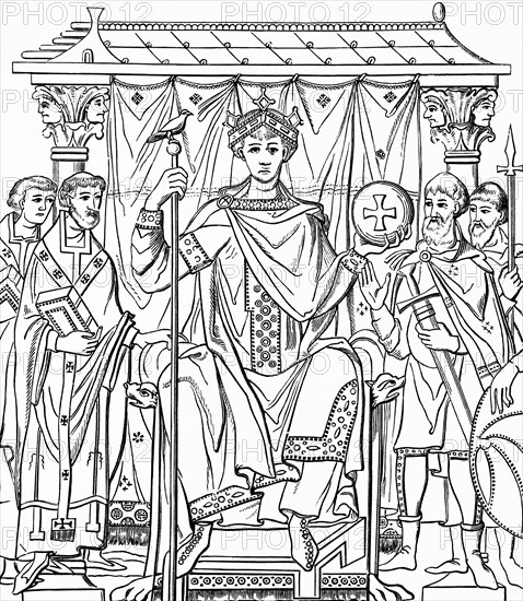 Emperor Henry II, after a miniature of the Gospel, court library in Munich, imperial insignia, throne, orb, crown, staff, clergy, church building at the time of the Crusades, historical illustration 1880