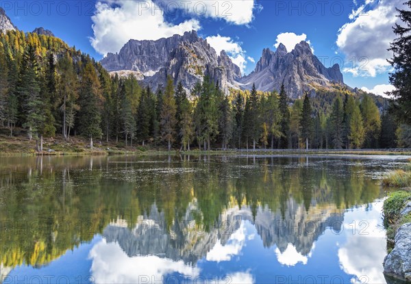 Autumn at Lake Antorno under the Cadini peaks, Dolomites, South Tyrol