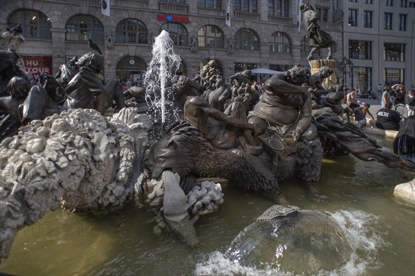 Fountain the marriage carousel, designed after a poem by Hans Sachs, designed by the sculptor Jürgen Weber and built in 1984, Nuremberg, Middle Franconia, Bavaria, Germany, Europe