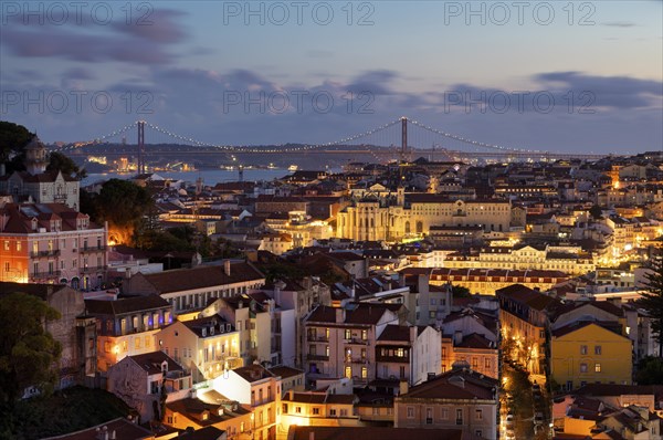 View from the viewpoint Miradouro da Graça, also Sophia de Mello Breyner Andresen, city view, old town, bridge 25 de Abril, river Tejo, Lisbon, evening mood, twilight, blue hour, Portugal, Europe