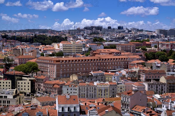 View from the viewpoint Miradouro da Graça, also Sophia de Mello Breyner Andresen, city view, historic city centre, bridge 25 de Abril, river Tejo, Lisbon, Portugal, Europe