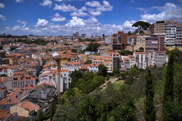 View from the viewpoint Miradouro da Graça, also Sophia de Mello Breyner Andresen, towards the viewpoint Miradouro de Santa Catarina, city view, historic city centre, Lisbon, Portugal, Europe