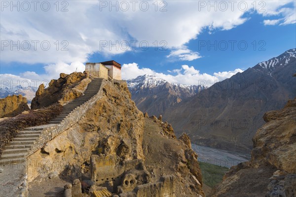 The watchtower at the old monastery has a commanding view of the mountains and Spiti Valley below in Dhankar, Himachal Pradesh, India, Asia