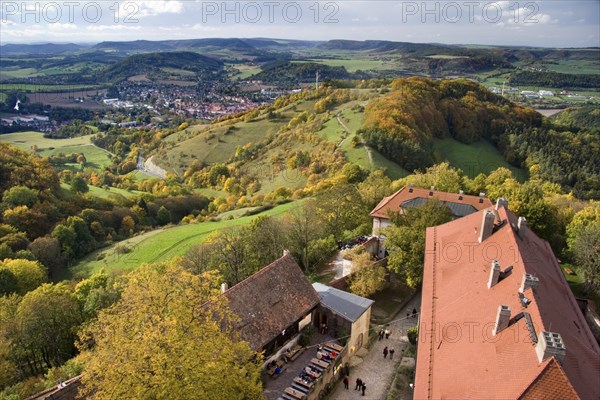 Landscape in the Saaleholzland with a view from the keep of the Leuchtenburg, Kahla is recognisable in the background, in the foreground the outer bailey with the old hotel, the gatehouse and the restaurant