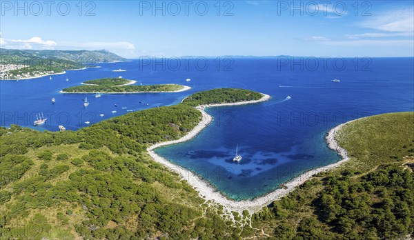 Bay with boats, Pakleni or Paklinski Islands off the island of Hvar, Dalmatia, Croatia, Europe