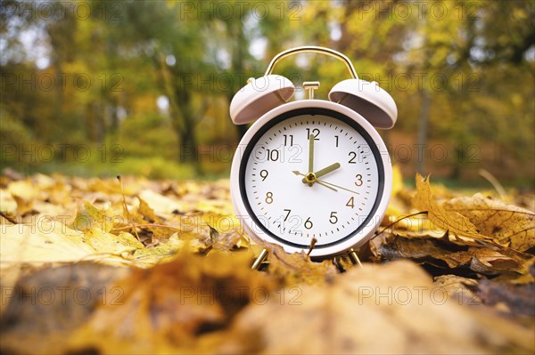 Alarm clock with autumn foliage, end of daylight saving time in fall, winter time changeover