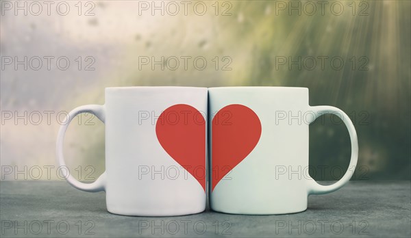 Mug couple with a huge heart on a window sill cuddle, cup of coffee, relationship and friendship concept, love