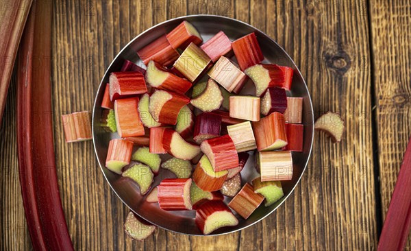 Freshly chopped Rhubarb as detailed close up shot (selective focus)