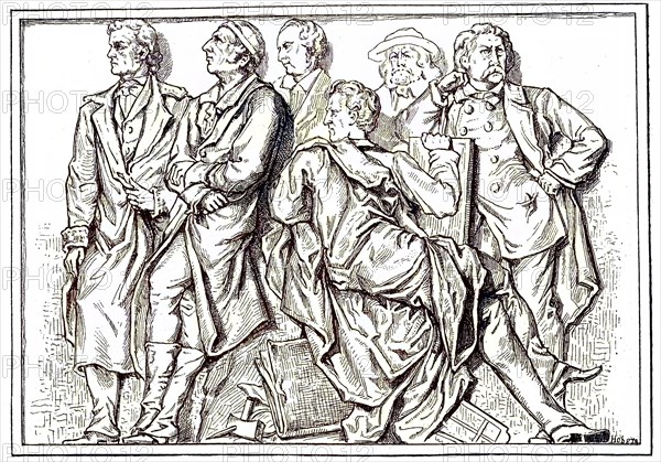 From left, Rietschel, G. Schadow, W. Schadow, Schnorr von Carolsfeld, Rethel and Schwind, are the figures from the relief friezes by Geyer in the Nationalgalerie Berlin, Germany, digital reproduction of an original 19th century model, original date unknown, Europe