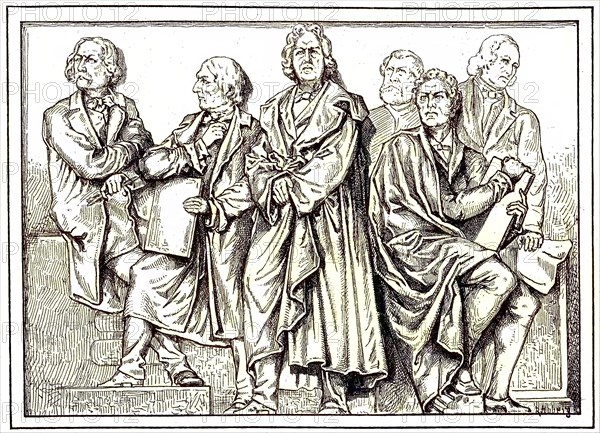 From left Wilhelm von Kaulbach, Peter von Cornelius, Christian Daniel Rauch, Gustav Blaeser, Karl Friedrich Schinkel and Friedrich August Stueler, are the figures from the relief friezes by Geyer in the Nationalgalerie Berlin, Germany, digital reproduction of an original 19th century model, original date unknown, Europe