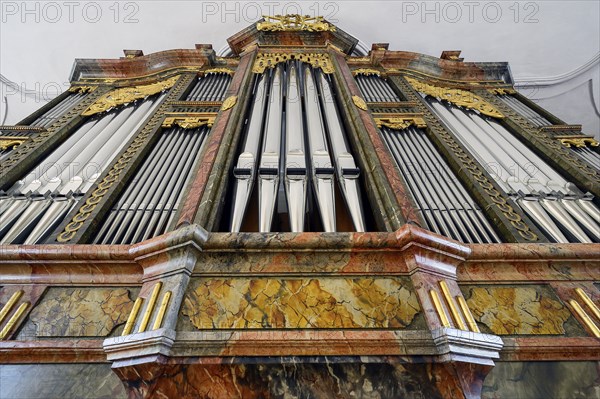 The organ in the church of St Afra in Betzigau near Kempten, Allgäu, Swabia, Bavaria, Germany, Europe