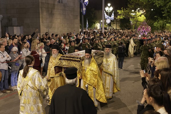 Greek Orthodox Good Friday procession, presbyters in liturgical vestments, Cathedral of the Annunciation, Mitropolis, Athens, Greece, Europe