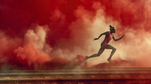 A runner dashes through red smoke in an outdoor setting, highlighting dynamic movement and athletic performance, AI generated