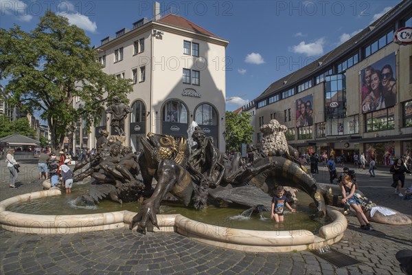 Fountain the marriage carousel, designed after a poem by Hans Sachs, designed by the sculptor Jürgen Weber and built in 1984, Nuremberg, Middle Franconia, Bavaria, Germany, Europe