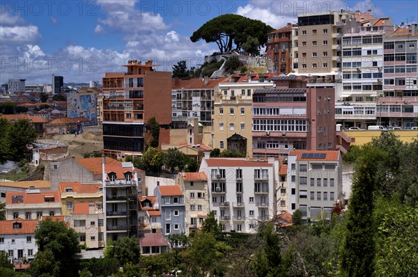 View from the viewpoint Miradouro da Graça, also Sophia de Mello Breyner Andresen, towards the viewpoint Miradouro de Santa Catarina, city view, historic city centre, Lisbon, Portugal, Europe