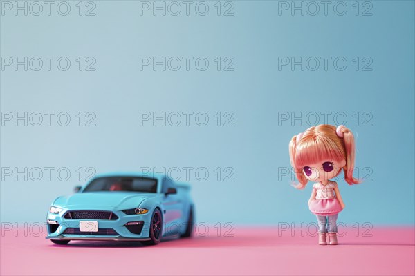 Gender stereotypical toys for children with car and doll on pink and blue background. Generative Ai, AI generated