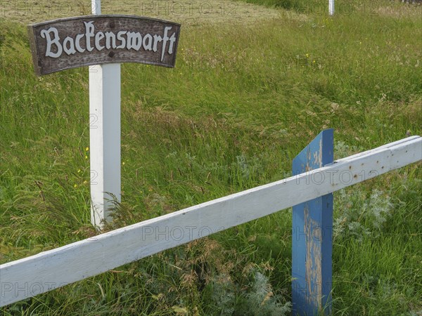 A signpost with the inscription 'Backenswarft' stands in a green and rural area, hallig hooge, schleswig-holstein, germany