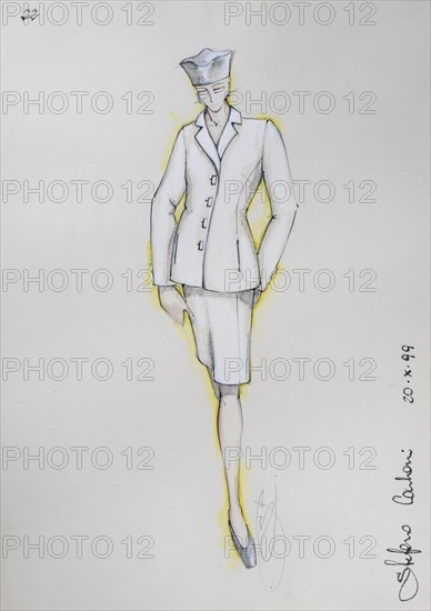 Fashion sketch, fashion design, women's fashion, fashion collection Prêt à porter autumn-winter 1999-2000, pencil drawing, watercolour pastel, watercolour, pastel, acrylic tempera, acrylic, on paper, elegant, feminine, slim, costume