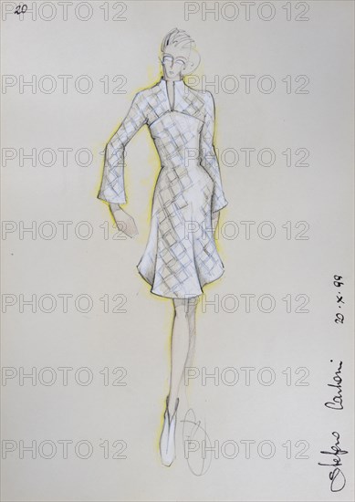 Fashion sketch, fashion design, women's fashion, fashion collection Prêt à porter autumn-winter 1999-2000, pencil drawing, watercolour pastel, watercolour, pastel, acrylic tempera, acrylic, on paper, elegant, feminine, slim, dress