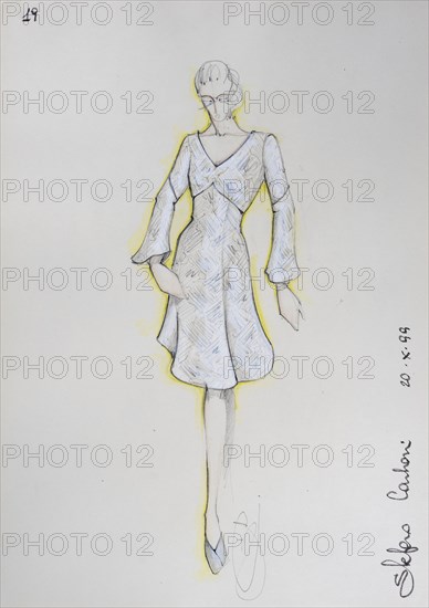 Fashion sketch, fashion design, women's fashion, fashion collection Prêt à porter autumn-winter 1999-2000, pencil drawing, watercolour pastel, watercolour, pastel, acrylic tempera, acrylic, on paper, elegant, feminine, slim, dress