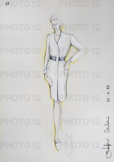 Fashion sketch, fashion design, women's fashion, fashion collection Prêt à porter autumn-winter 1999-2000, pencil drawing, watercolour pastel, watercolour, pastel, acrylic tempera, acrylic, on paper, elegant, feminine, slim, dress