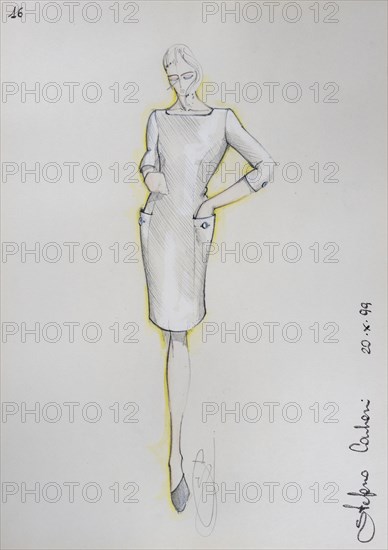 Fashion sketch, fashion design, women's fashion, fashion collection Prêt à porter autumn-winter 1999-2000, pencil drawing, watercolour pastel, watercolour, pastel, acrylic tempera, acrylic, on paper, elegant, feminine, slim, dress