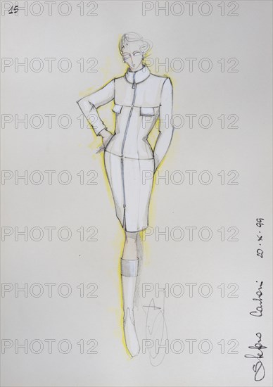 Fashion sketch, fashion design, women's fashion, fashion collection Prêt à porter autumn-winter 1999-2000, pencil drawing, watercolour pastel, watercolour, pastel, acrylic tempera, acrylic, on paper, elegant, feminine, slim, dress