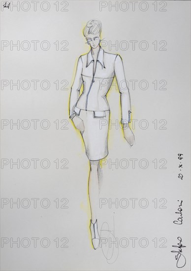 Fashion sketch, fashion design, women's fashion, fashion collection Prêt à porter autumn-winter 1999-2000, pencil drawing, watercolour pastel, watercolour, pastel, acrylic tempera, acrylic, on paper, elegant, feminine, slim, dress