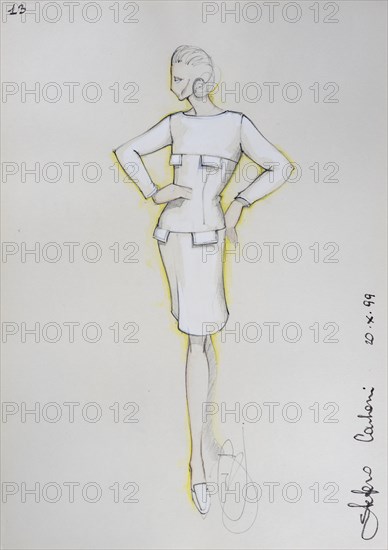 Fashion sketch, fashion design, women's fashion, fashion collection Prêt à porter autumn-winter 1999-2000, pencil drawing, watercolour pastel, watercolour, pastel, acrylic tempera, acrylic, on paper, elegant, feminine, slim, dress