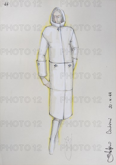 Fashion sketch, fashion design, women's fashion, fashion collection Prêt à porter autumn-winter 1999-2000, pencil drawing, watercolour pastel, watercolour, pastel, acrylic tempera, acrylic, on paper, elegant, feminine, slim, coat