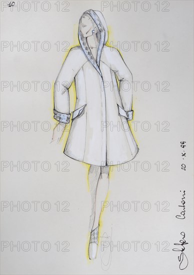 Fashion sketch, fashion design, women's fashion, fashion collection Prêt à porter autumn-winter 1999-2000, pencil drawing, watercolour pastel, watercolour, pastel, acrylic tempera, acrylic, on paper, elegant, feminine, slim, man