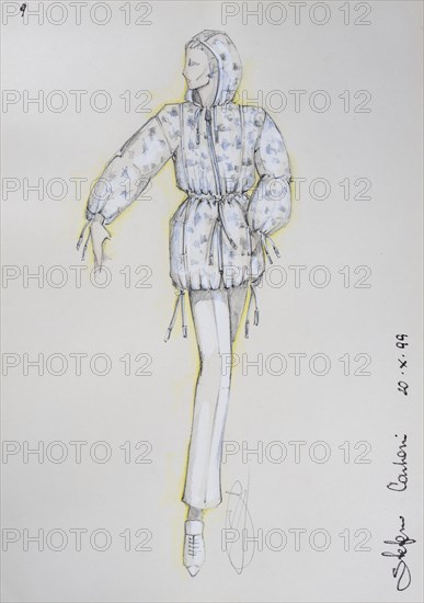 Fashion sketch, fashion design, women's fashion, fashion collection Prêt à porter autumn-winter 1999-2000, pencil drawing, watercolour pastel, watercolour, pastel, acrylic tempera, acrylic, on paper, elegant, feminine, slim, trousers, hooded jacket