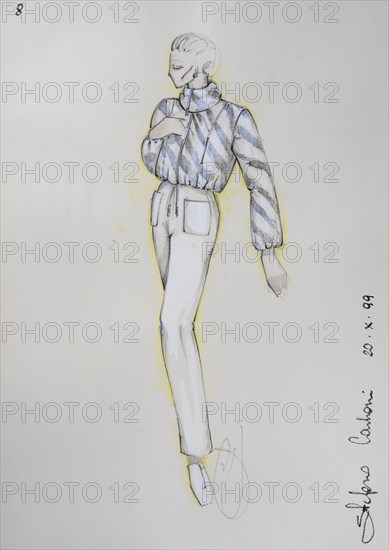 Fashion sketch, fashion design, women's fashion, fashion collection Prêt à porter autumn-winter 1999-2000, pencil drawing, watercolour pastel, watercolour, pastel, acrylic tempera, acrylic, on paper, elegant, feminine, slim, trousers, jacket