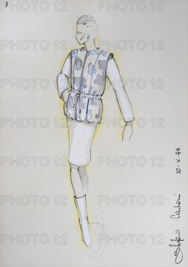 Fashion sketch, fashion design, women's fashion, fashion collection Prêt à porter autumn-winter 1999-2000, pencil drawing, watercolour pastel, watercolour, pastel, acrylic tempera, acrylic, on paper, elegant, feminine, slim, waistcoat, boots