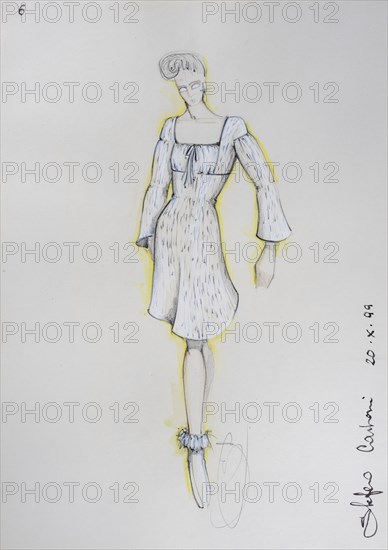 Fashion sketch, fashion design, women's fashion, fashion collection Prêt à porter autumn-winter 1999-2000, pencil drawing, watercolour pastel, watercolour, pastel, acrylic tempera, acrylic, on paper, elegant, feminine, slim, dress