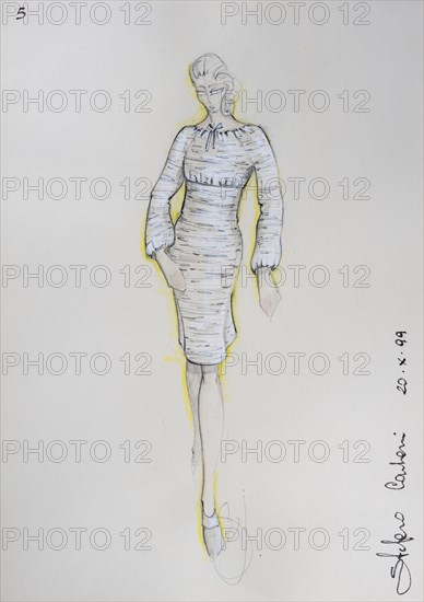 Fashion sketch, fashion design, women's fashion, fashion collection Prêt à porter autumn-winter 1999-2000, pencil drawing, watercolour pastel, watercolour, pastel, acrylic tempera, acrylic, on paper, elegant, feminine, slim, knitted dress